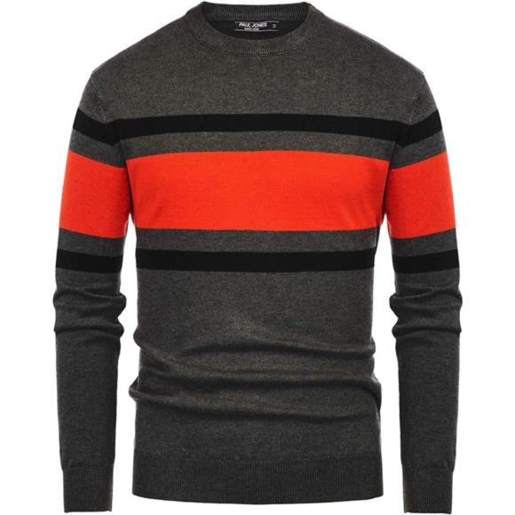Men's Striped Pullover Sweater Crewneck Contrast Fine Knitted Sweater